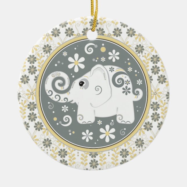 Ornamento floral de elefante blanco gris amarillo  (Frente)