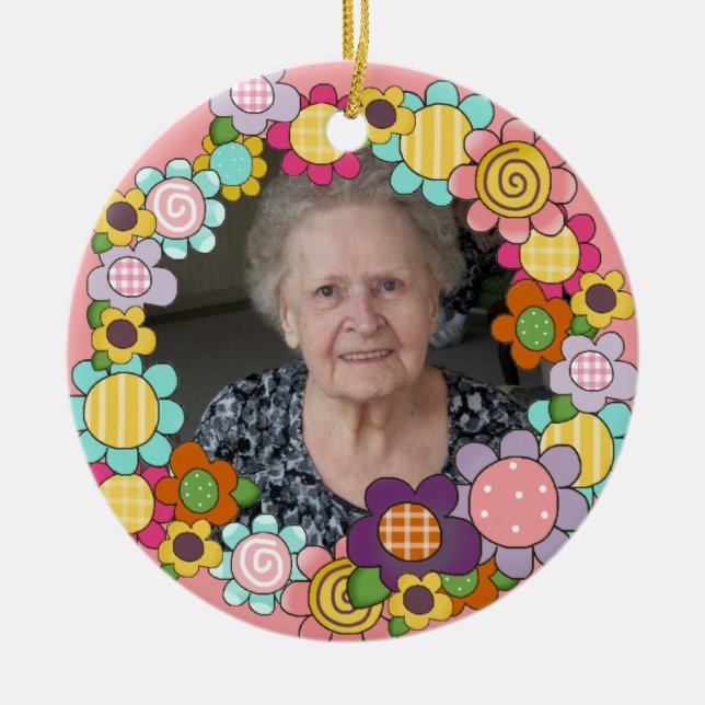 Ornamento fotográfico de anillo de flores personal (Frente)