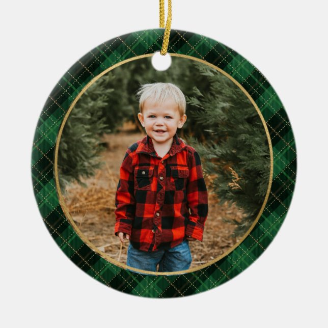 Ornamento fotográfico de Navidades de Green Plaid (Frente)