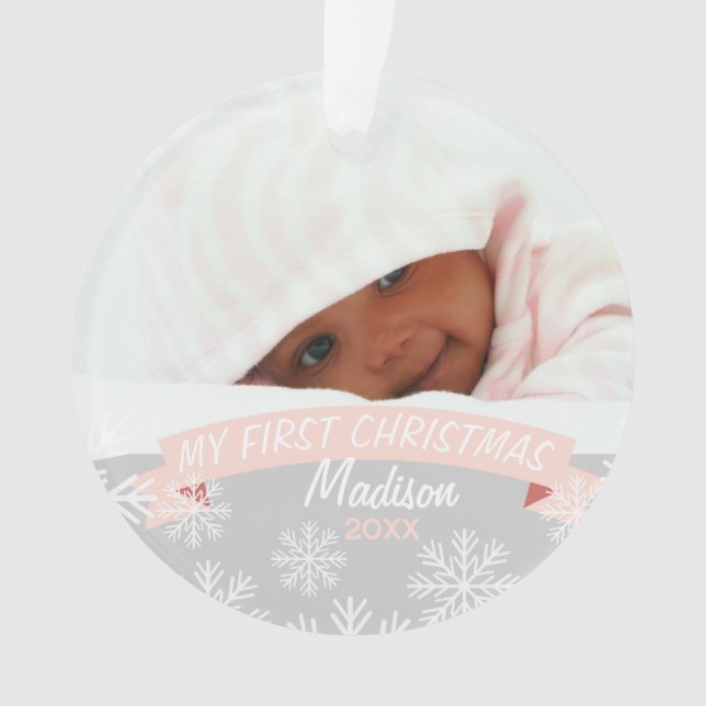 Ornamento fotográfico | Niña bebé Primera Navidad (Anverso)