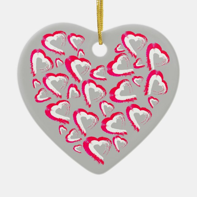 Ornamento gris de corazón rojo y blanco (Frente)
