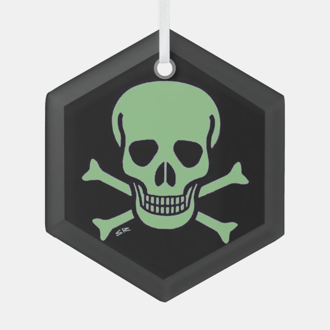 Ornamento hexágono de vidrio negro del cráneo verd (Anverso)