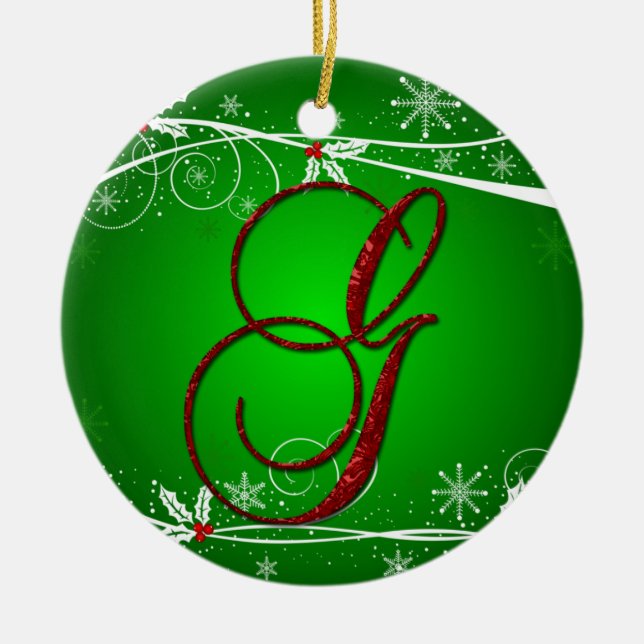 Ornamento inicial de Navidad G de Red Greens Holly (Frente)