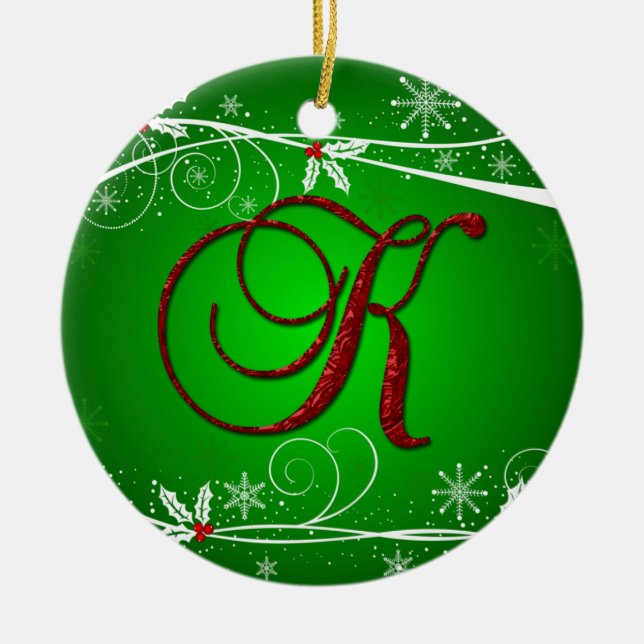 Ornamento inicial de Navidad K de Red Greens Holly (Frente)