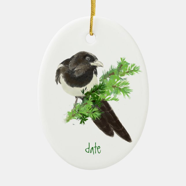 Ornamento magpie de Navidades con fecha de persona (Frente)