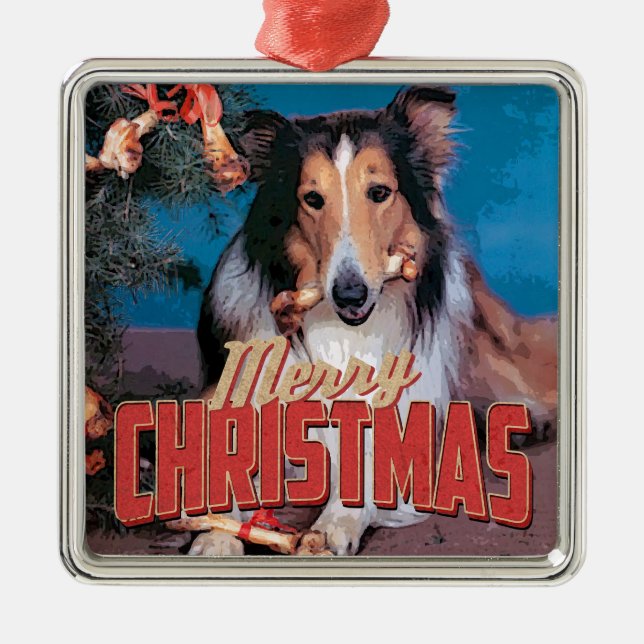 Ornamento Metalizado de Navidades de Perro Collie (Frente)