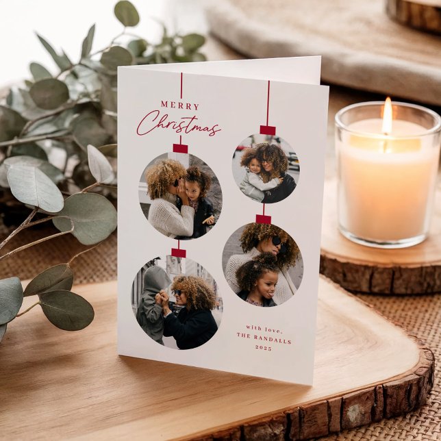 Ornamento moderno simple de Navidad 4 foto doblada (Modern christmas ornaments 4 photo collage folded holiday cards.)