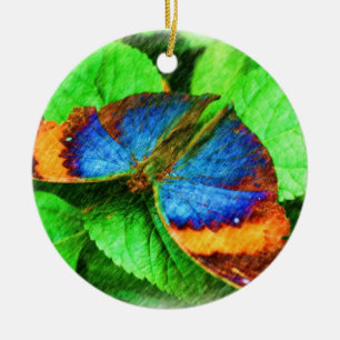 Ornamento natural de mariposa dorada azul