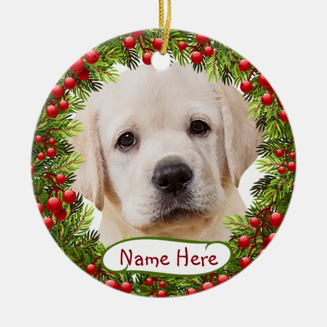 Ornamento navideño amarillo de Labrador (Frente)