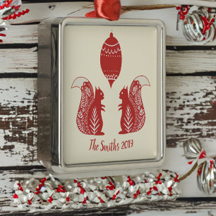 Ornamento navideño cuadrado de ardillas nórdicas