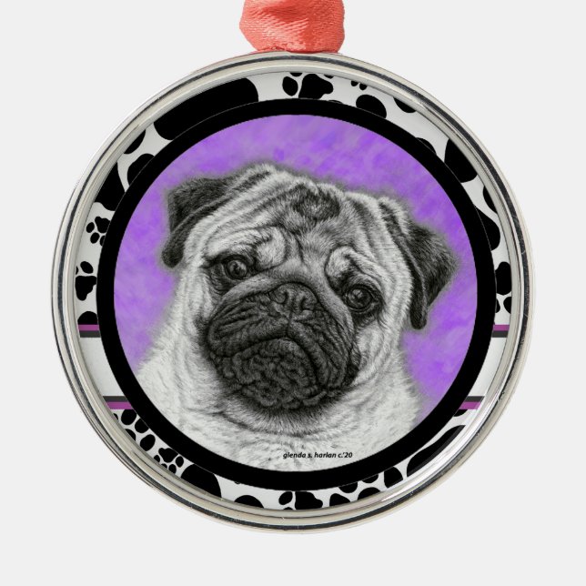 Ornamento navideño de arte de perro pug de Glenda  (Frente)