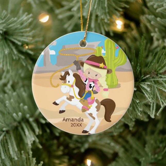 Ornamento navideño de Blonde Cowgirl Horseback Chi (Árbol)