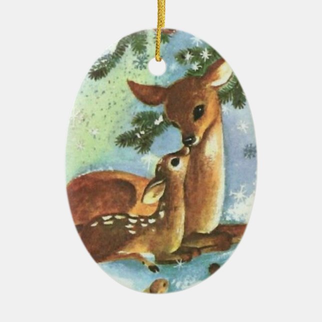 Ornamento navideño de cerámica de Mama y Baby Deer (Frente)