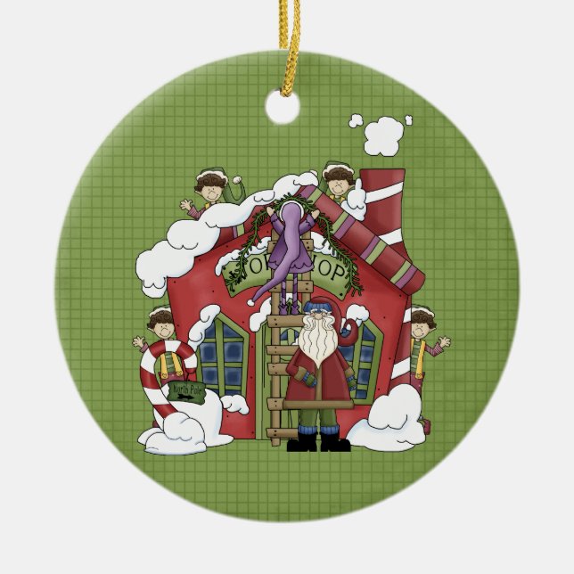 Ornamento navideño de cerámica del taller de Santa (Frente)