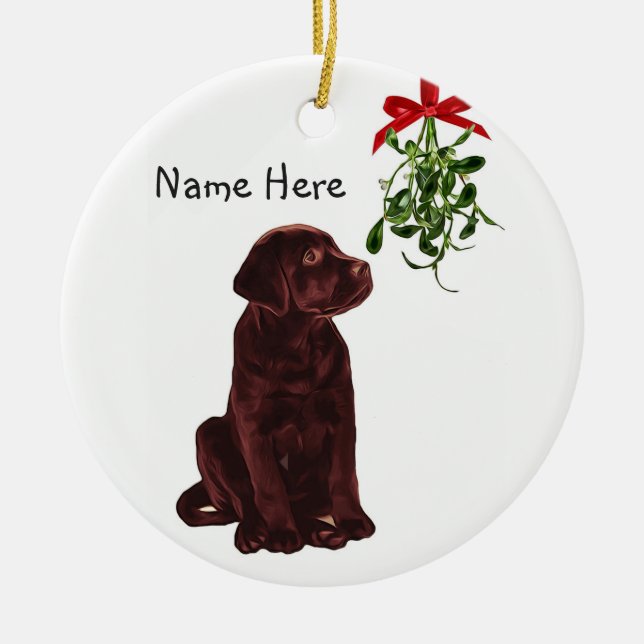 Ornamento navideño de Chocolate Lab Mistletoe (Frente)
