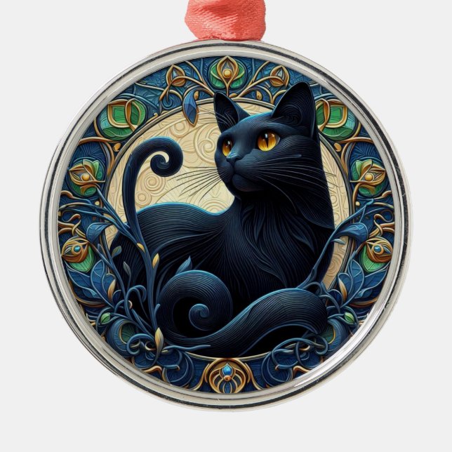 Ornamento navideño de gato negro de Art Nouveau (Frente)