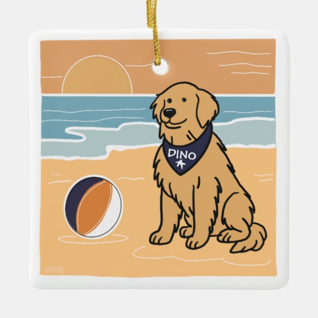 Ornamento navideño de Golden Retriever Beach (Anverso)