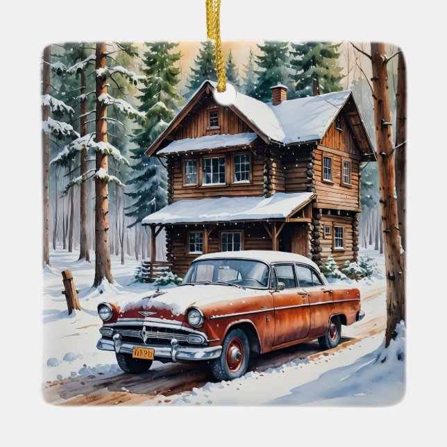 Ornamento navideño de invierno de autos antiguos (Anverso)