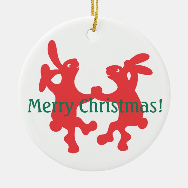 Ornamento navideño de los conejitos rojos bailando (Frente)