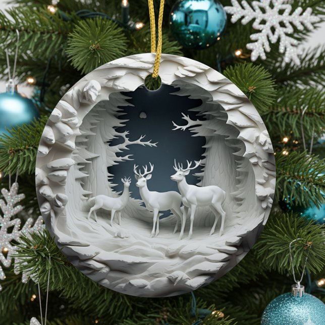 Ornamento navideño de renos 3D (3d effect deer reindeer in winter blue white christmas tree ornament )