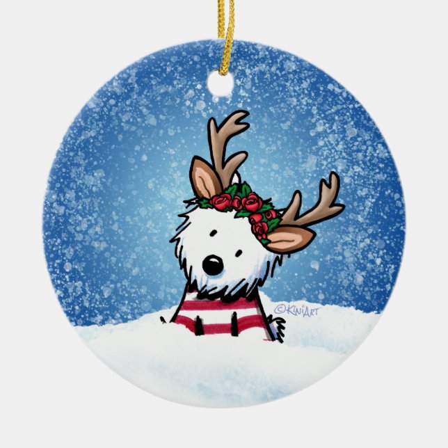 Ornamento navideño de renos kiniArt Westie (Frente)