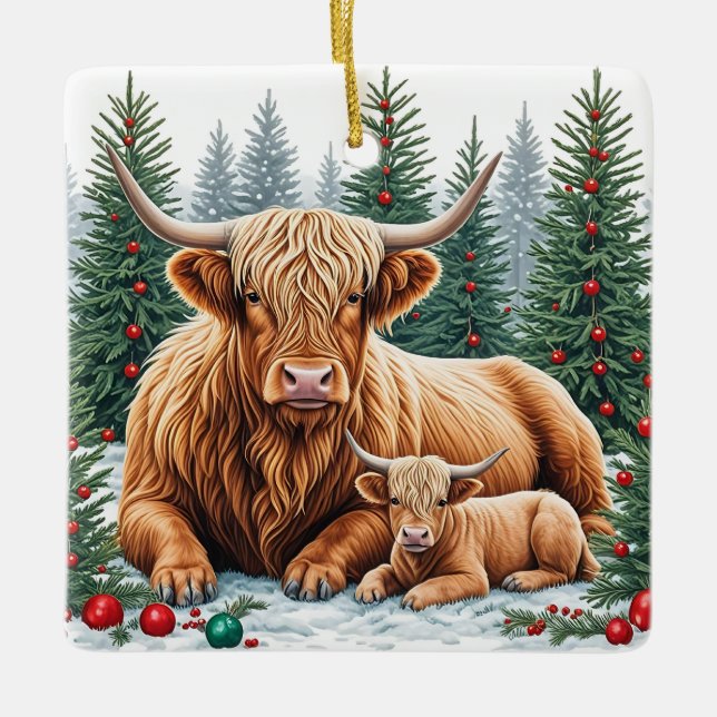 Ornamento navideño de vacas y terneros de Highland (Anverso)