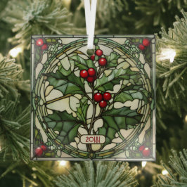 Ornamento navideño de vidrio manchado de Holly