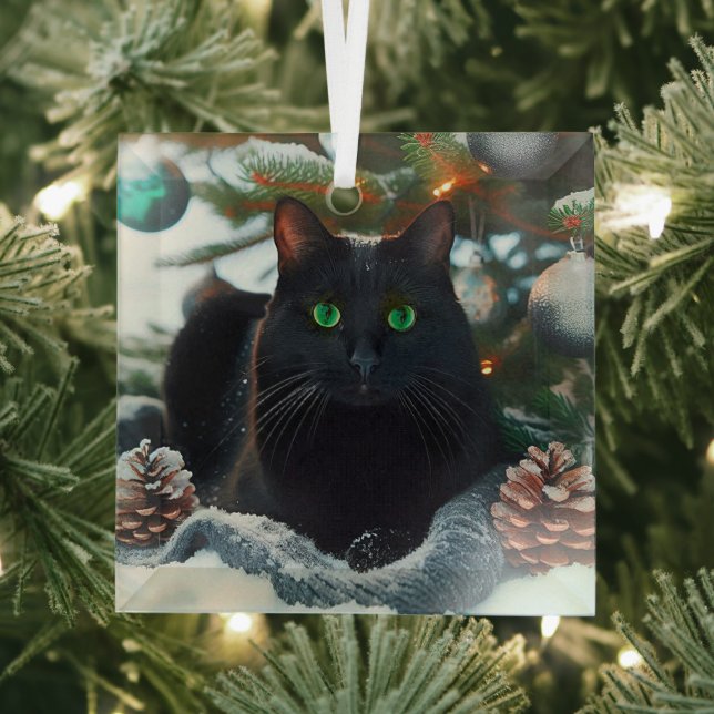 Ornamento navideño de vidrio negro para gato (in situ)