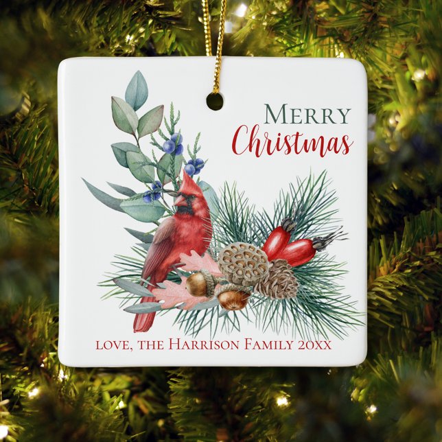 Ornamento navideño del cardenal acuarela Merry (Watercolor Cardinal Merry Christmas Ornament
)