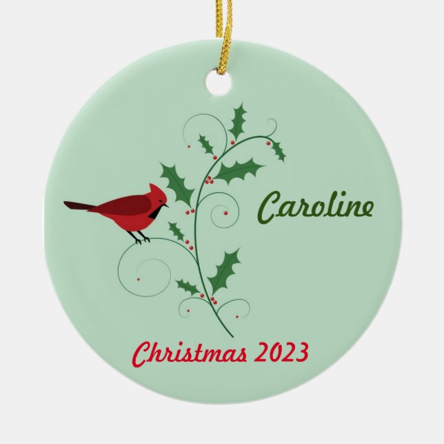 Ornamento navideño del cardenal rojo personalizado (Frente)