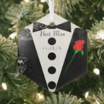 Ornamento navideño del mejor hombre Boda<br><div class="desc">Mejor Hombre Negro Tuxedo Bow Fiesta de matrimonio de pareja Gracias Favorece la Navidad Ornamento Boda Keepsake Wedding Party Necklaces - para cambiar el color de fondo - haga clic en personalizar - haga clic en editar - elija la última herramienta en el menú desplegable y elija uno de los...</div>