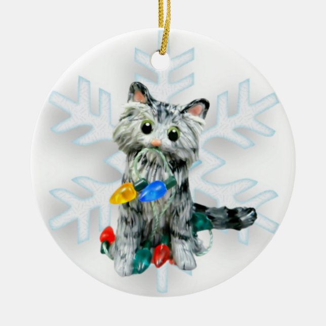 Ornamento navideño grisáceo plateado de Angora Cat (Frente)