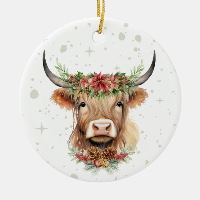 Ornamento navideño Highland Cow personalizado (Frente)