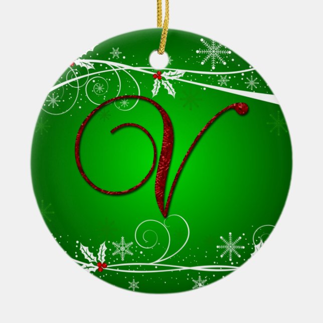 Ornamento navideño inicial V de Red Greens Holly (Frente)