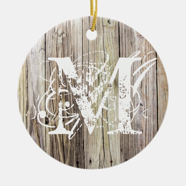Ornamento navideño monogramado Rustic Wood (Frente)