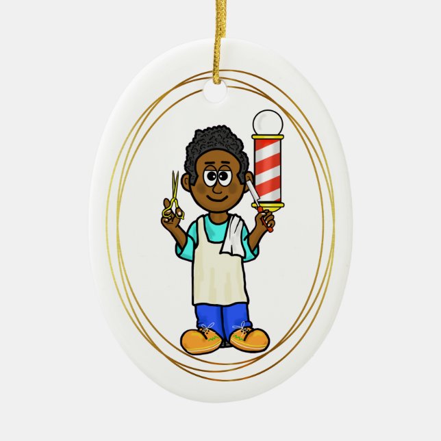 Ornamento navideño negro de barbero con nombre (Frente)