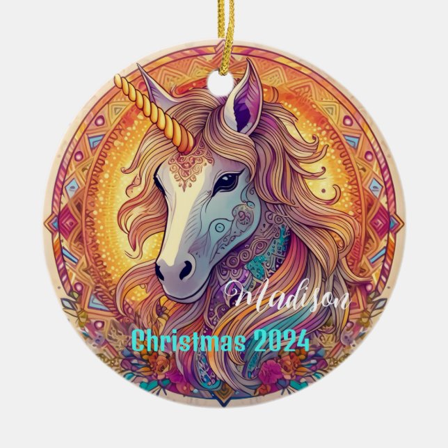 Ornamento navideño personalizado Bo Ho Unicorn (Frente)