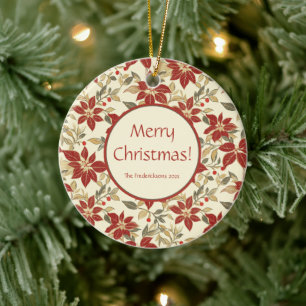 Ornamento navideño rojo verde poinsettias vintage
