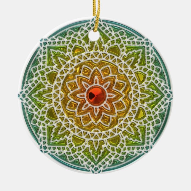 Ornamento navideño verde y rojo de Mandala bonito (Frente)