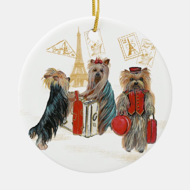 Ornamento navideño Yorkie Travel Paris (Frente)