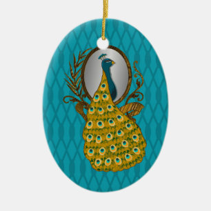 Ornamento oval con el pavo real que admira su