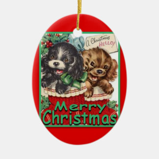 Ornamento oval RetroChristmasPuppies-DE CERÁMICA
