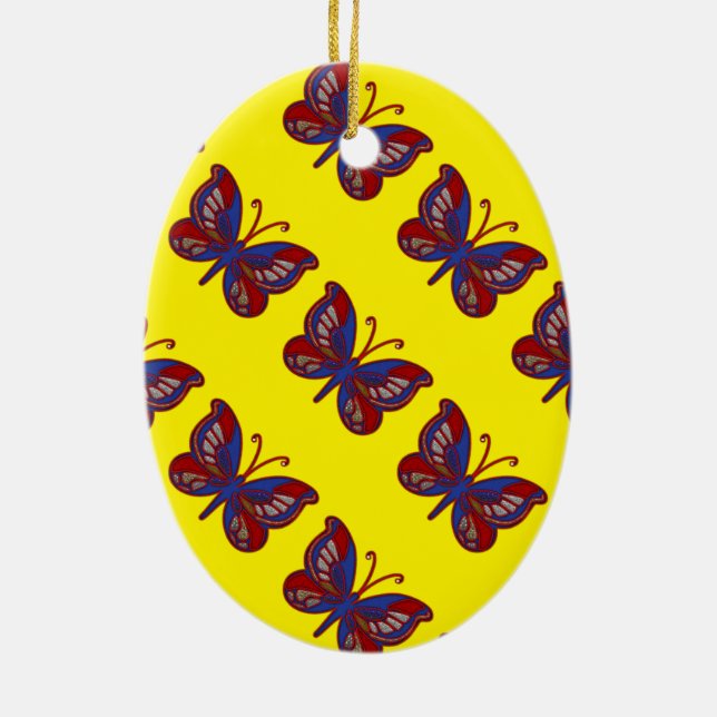 Ornamento ovalado amarillo de mariposa azul rojo b (Atrás)