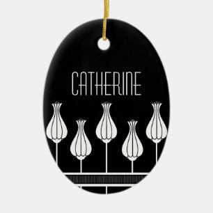 Ornamento óvalo floral de Art Deco blanco y negro