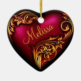 Ornamento personalizado de Heart Scroll Red Gold