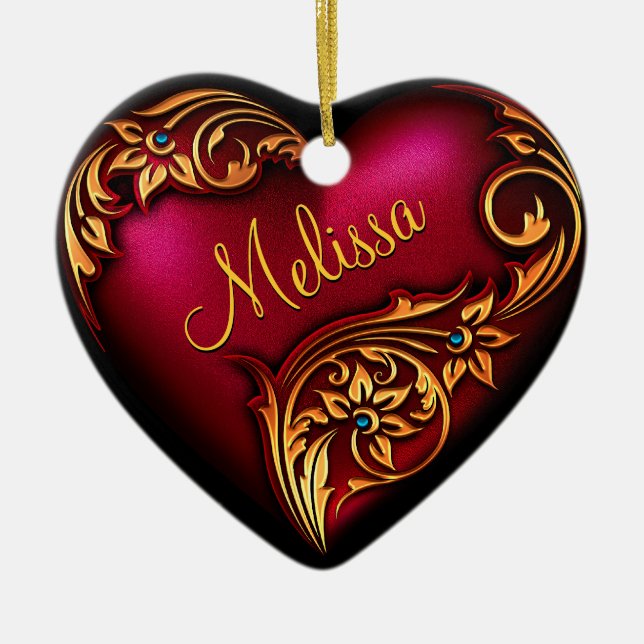 Ornamento personalizado de Heart Scroll Red Gold (Frente)