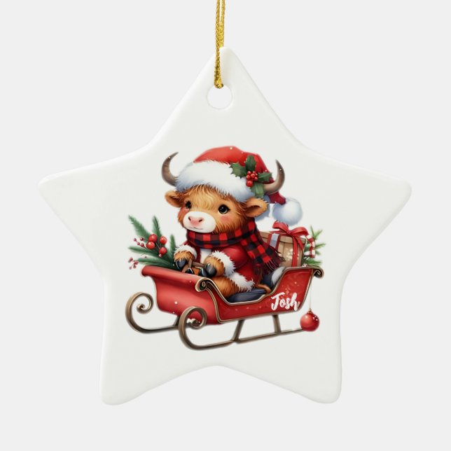 Ornamento personalizado de Highland Cow Sleigh (Frente)