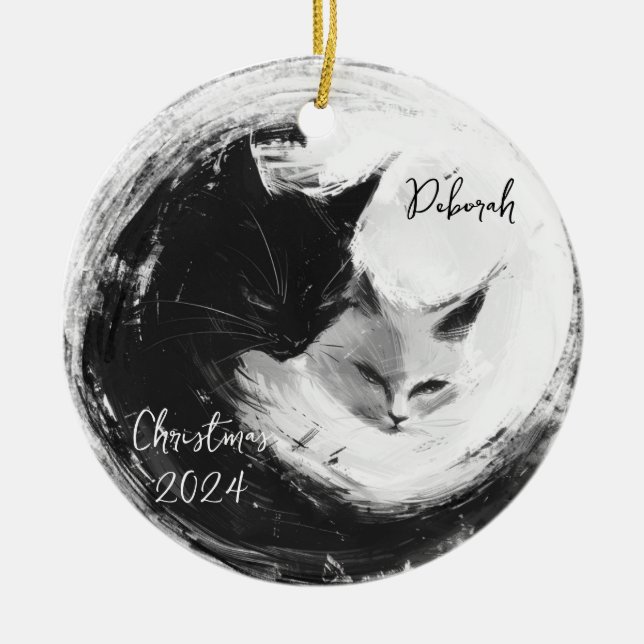 Ornamento personalizado de los gatos blancos negro (Frente)