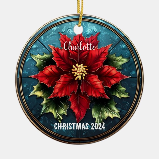 Ornamento personalizado de poinsettia roja de vidr (Frente)