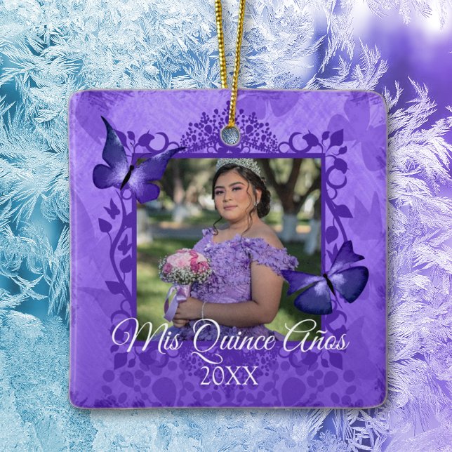 Ornamento personalizado de quinceanera de mariposa (purple quinceanera tree ornament christmas keepsake 15 15th fifteenth photo fancy purple frame)
